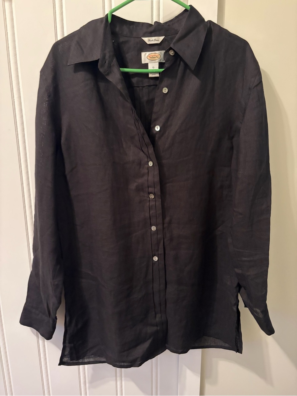 Talbots 100% Irish Linen Black Pintuck Pleat Button Down Shirt Size 12